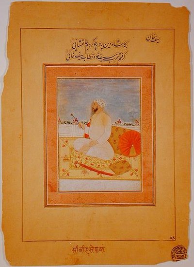 Saif Khan miniatűr, Agra kormányzója, India, 1670-80 körül (átlátszatlan ásványi pigmentek súrolópapíron) alkotó: Indian School