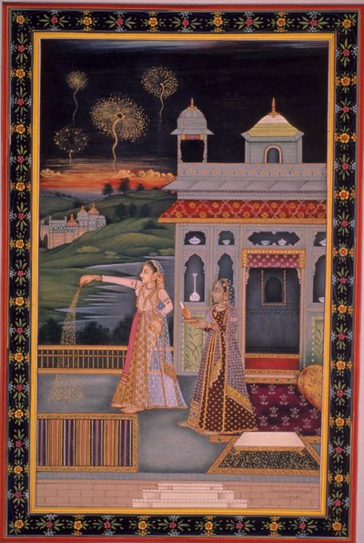 Miniatűr festmény a Diwali Fesztivált ünneplő hölgyről, India (akvarell, papír) alkotó: Indian School