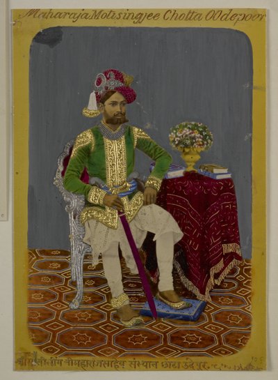 Mss Eur G.38/2 f.90 Moti Singh of Udaipur, 1870 körül (akvarell és arany papíron) alkotó: Indian School