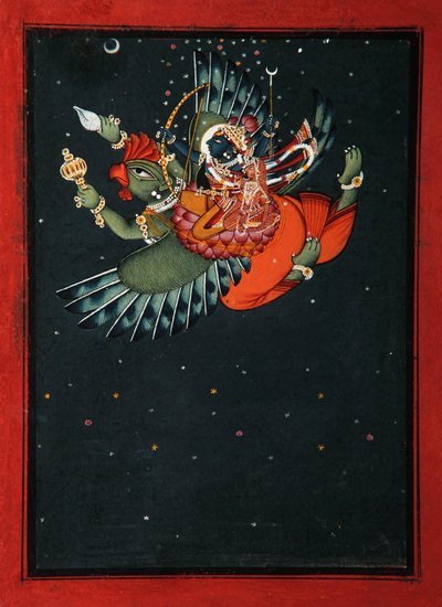 Garuda szárnyain: Krisna és Satyabhama átrepülnek az éjszakai égbolton, 1750 körül (átlátszatlan wc és arany papíron) alkotó: Indian School