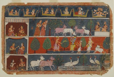 Oldal egy szétszórt Bhagavata Purana sorozatból, 1680 körül (átlátszatlan wc papíron) alkotó: Indian School