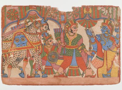 Oldal egy Mahabharata sorozatból, 1830-50 körül (tinta és színes papíron) alkotó: Indian School