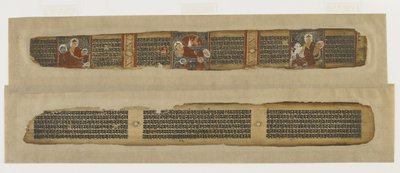 Buddha Parinirvána, Prajnaparamita kéziratból, Bengáli vagy Bihar, Pala-Sena dinasztia (átlátszatlan akvarell és tinta pálmalevélen) alkotó: Indian School
