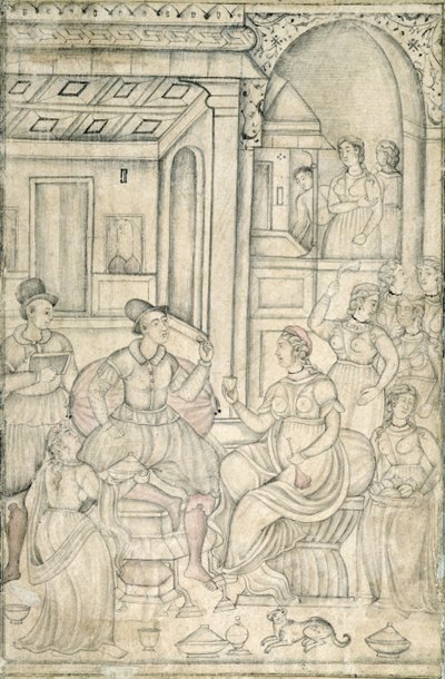 Portugál tengerészek indiai nőkkel (toll, tinta és WC papíron) alkotó: Indian School