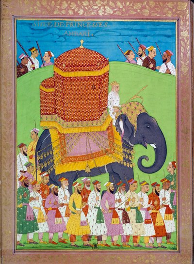 Palanquin hercegnő elefánton Shah Alem udvarában indiai és perzsa miniatúrák Niccolo Manucci (1638-1717) „India története Tamertantétól Orangreybig” című művében. B.N., Párizs. alkotó: Indian School