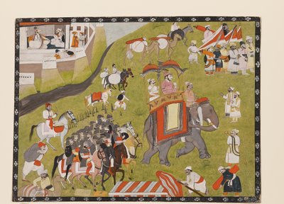Rajzsa felvonulása elefánton fegyveres kísérettel és tartókkal, 19. század 2. fele (guache papíron) alkotó: Indian School