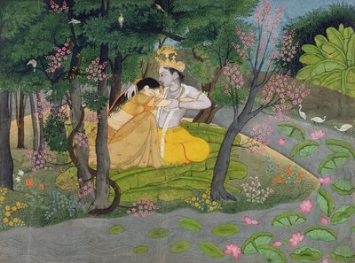Radha és Krisna ölelkeznek egy virágzó fák ligetében, 1780 körül (wc papíron) alkotó: Indian School