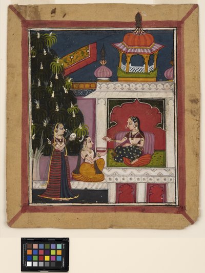 ? Raga: Egy térdelő férfi könyvet kínál egy hölgynek egy pavilonban, 1800 körül (átlátszatlan akvarell papíron) alkotó: Indian School