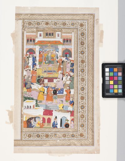 Raja udvaroncokkal (toll, tinta, gouache és aranylevél pergamenen) alkotó: Indian School