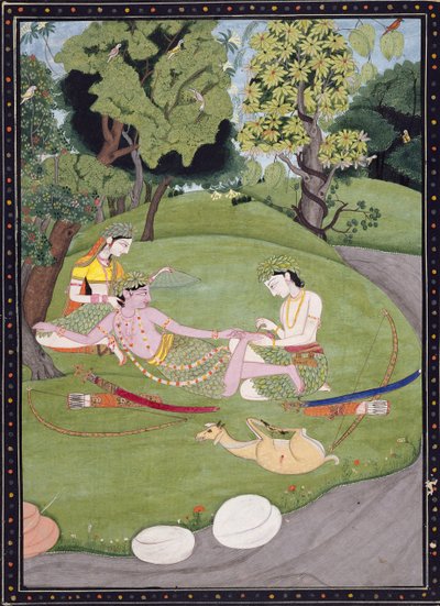 Rama Sitának dőlve, bátyja, Laksman pedig tövist húz a lábából, 1845 (guache, tinta és arany papíron) alkotó: Indian School