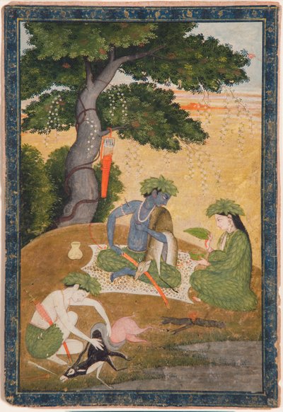 Rama, Sitával és Laksmanával az erdőben, a Rámájánából, 1790 körül (átlátszatlan wc és arany papíron) alkotó: Indian School