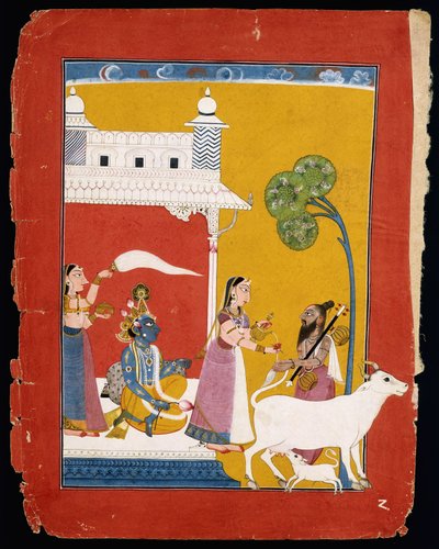 Rukmini vízzel kínálja a bölcs Naradát, miközben hitvese Krishna a házában ül, 1725-1730 alkotó: Indian School