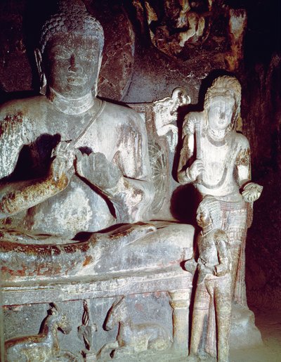 Ülő Buddha az első tanítási gesztussal a 10. barlang Caitya terméből alkotó: Indian School