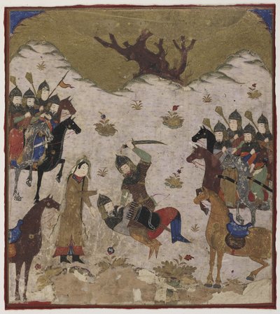 Shahru Burzut Rusztam unokájaként azonosítja a Rustam és Burzu közötti utolsó harc során, 1425-50 körül (átlátszatlan akvarell és arany a papíron alkotó: Indian School