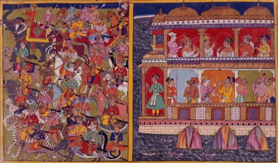 Sukesha fiai csatára készülnek, a „Ramayana, Uttara Kanda” 1653-ból (vellum) alkotó: Indian School