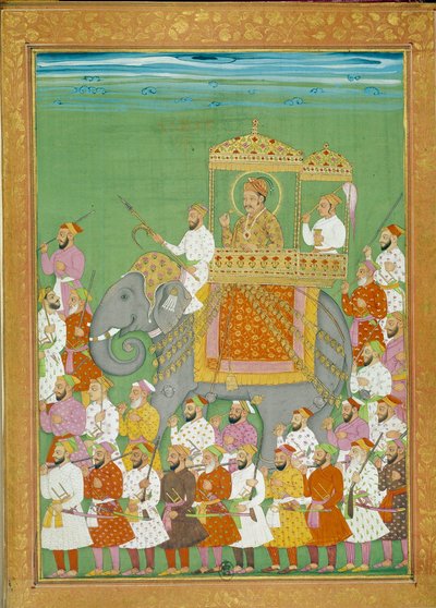 Akbar szultán egy elefánton lovagol Shah Alem udvarával. Miniatűr Niccolo Manucci (1638 - 1717), velencei felfedező utazási történetéből. India alkotó: Indian School