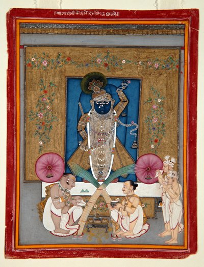 Krsna imádása Shrinath jiként, 1800-25 (átlátszatlan wc és arany papíron) alkotó: Indian School