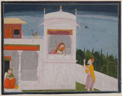 A brahmin Sudama és Rukmini egy palotában, oldal a Bhagavata Purana sorozat Sudama-epizódjából, 1800 körül vagy később (wc papíron) alkotó: Indian School