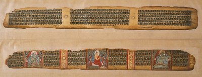 Buddha mézet osztogat, egy Prajnaparamita kéziratból, Nyugat-Bengálból (átlátszatlan akvarell és tinta pálmalevélen) alkotó: Indian School