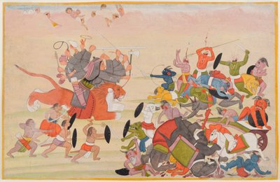 A Devi legyőzi Mahishasurát, egy szétszórt Devi Mahatmya sorozatból származó fóliót, 1770-80 körül (wc papíron) alkotó: Indian School
