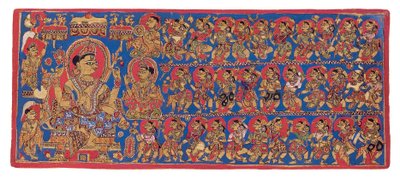 Indra mennyei udvara, a „Devasanaparo Bhandar” Kalpasutra, 1475 körül (átlátszatlan akvarell és arany papíron) alkotó: Indian School
