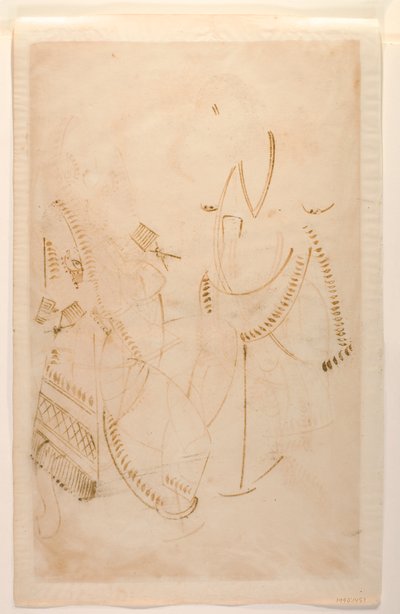 Tarakeshwar Mahantja szeretőjével, Elokeshivel, aki serpenyőt kínál neki, Kalighat Album, 1880 körül (wc papíron) alkotó: Indian School