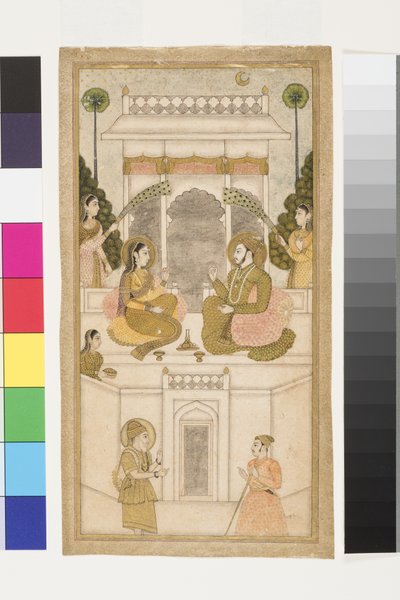 Golconda szultána, Quli Qutb Shah, hitvesével ül, 1700-25 (átlátszatlan wc és arany papíron) alkotó: Indian School