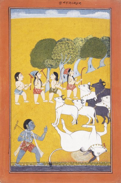 Az ifjú Krishna megöli a démont Vatsasurát, aki borjú álarcában jött, 1730-1740 alkotó: Indian School
