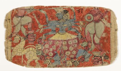 Kali istennő harcol a démonokkal, Durga megtámadja a Shambha és Nishumbha démonokat (papíron átlátszatlan wc) alkotó: Indian School