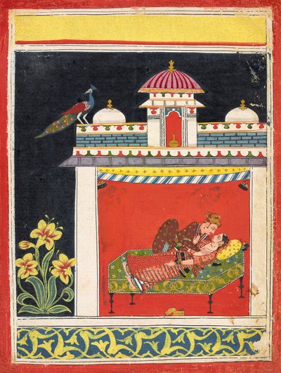 Két szerelmes egy pavilonban, egy "Amarushatakából" (Amaru száz verse), vagy egy azonosítatlan erotikus sorozatból, 1680 körül (átlátszatlan akvarell és arany papíron) alkotó: Indian School