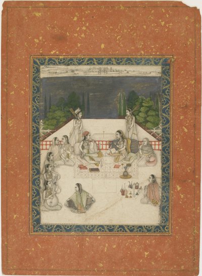 Két nő ül egy teraszon, kísérőkkel és zenészekkel körülvéve, 1650 körül (átlátszatlan wc és arany papíron) alkotó: Indian School