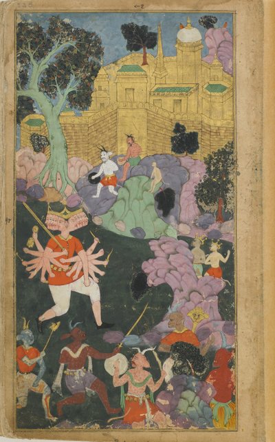 Vol.2 fol.238 Ravana és csapatai állást foglalnak a város előtt (átlátszatlan akvarell, tinta és arany papíron) alkotó: Indian School