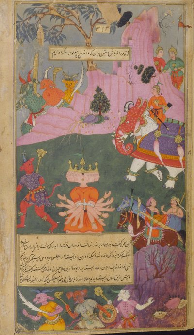 Vol.2 fol.310 A raksasa sereg menekül az Indra által fogságba esett Ravana láttán (átlátszatlan akvarell, tus és arany papíron) alkotó: Indian School