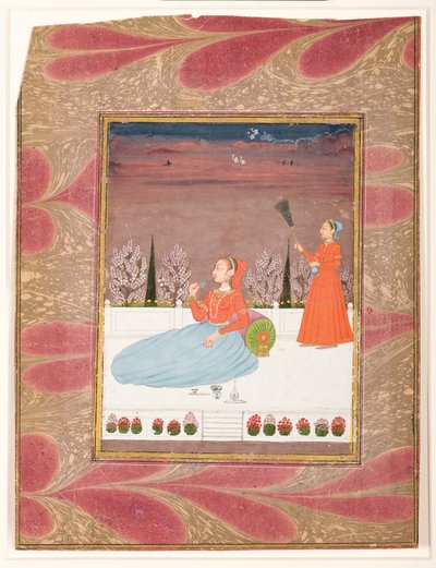 Egy teraszon ülő nő chaurit viselő kísérővel, 1735 körül (átlátszatlan wc és arany papíron) alkotó: Indian School