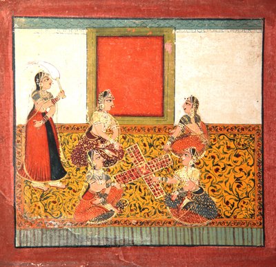 Parcheesit játszó nők sárga mintás padlón ülve, 1725 körül (átlátszatlan wc és arany papíron) alkotó: Indian School