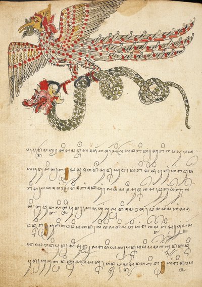 Repülő lény kígyót hordozó, illusztráció a „Serat Damar Wulan” vagy a „The Romance of Damar Wulan” (toll és tinta akvarellel papíron) című művéből alkotó: Indonesian School