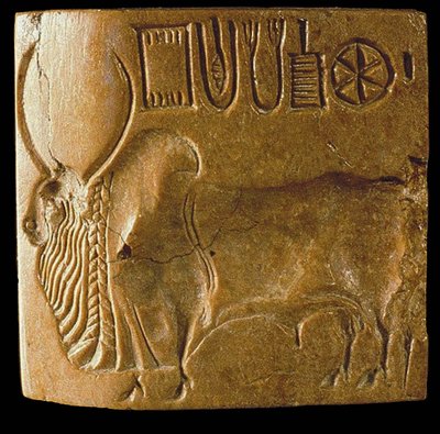 Zebu bikapecsét Indus forgatókönyvvel Mohenjo Daróban, az Indus-völgyben, Kr.e. 3. évezredben. alkotó: Indus Valley Civilisation.