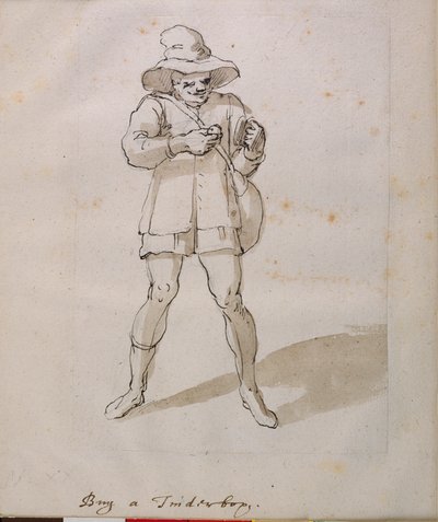 Üvegdobozok eladója (toll és tinta papíron) alkotó: Inigo Jones