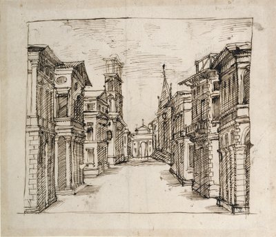 Egy utca perspektívában, 1617 körül (toll és tinta papíron) alkotó: Inigo Jones