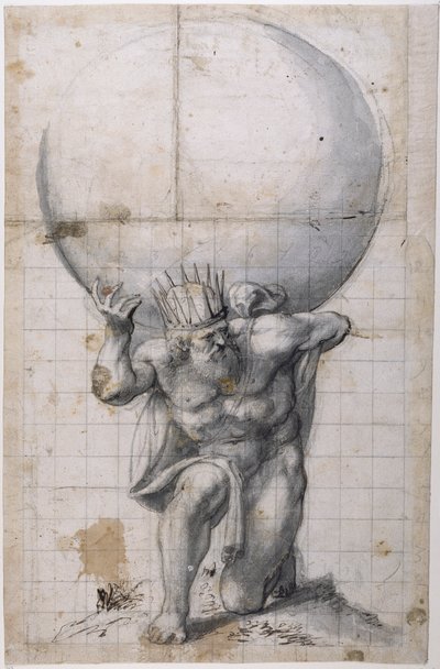 Atlasz: hátsó redőny vagy enyhülési jelenet (toll és tinta papíron) alkotó: Inigo Jones