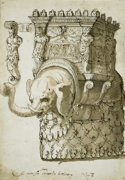 Tervezés elefántversenyhez (toll és tinta papíron) alkotó: Inigo Jones