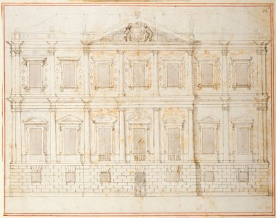A Banqueting House, Whitehall, 1619 körüli utolsó előtti tervének kiemelkedése (toll és tinta papíron) alkotó: Inigo Jones