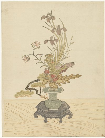 Ikebana virágkötészet zöld vázában alkotó: Ippitsusai Bunchô (manner of)