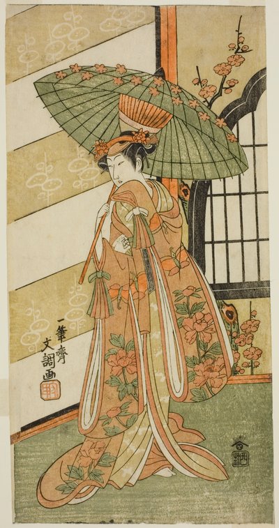 A színész, Onoe Tamizo I Nishikigi szerepében a Mutsu no Hana Ume no Kaomise című darabban, az Ichimura Színházban a tizenegyedik hónapban, 1769 alkotó: Ippitsusai Bunchō