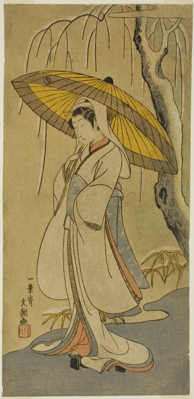 A színész, Segawa Kikunojo II, mint a gémlány az "Izu pamutvatta a házassági krizantémok védelmében (Myoto-giku Izu no Kisewata)" című darabban, amelyet az Ichimura Színházban 1770. tizenegyedik hónapjának első napjától mutattak be. alkotó: Ippitsusai Bunchō