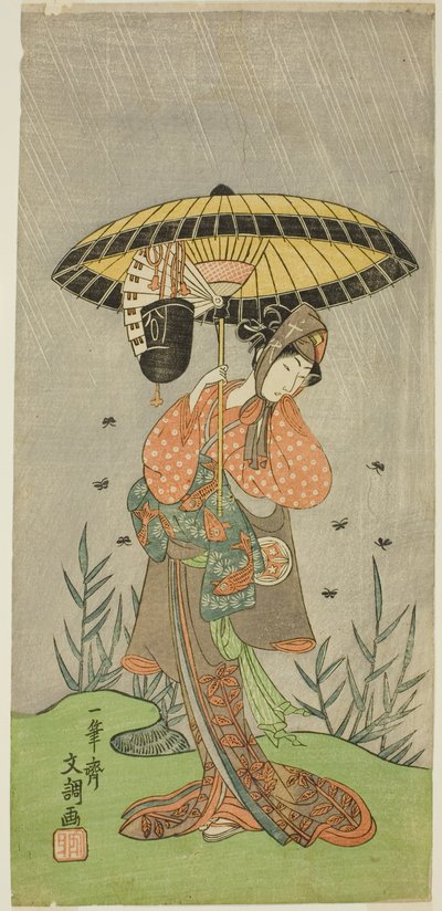 A színész Yamashita Kinsaku II Nijo no Kisaki (?) szerepében a Natsu Matsuri Naniwa Kagami (?) című darabban, a Morita Színházban (?) a hetedik hónapban, 1770 (?) alkotó: Ippitsusai Bunchō