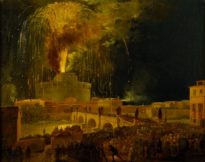 La Girandola: Tűzijáték a római Angyalvárban, 1830-as évek. alkotó: Ippolito Caffi