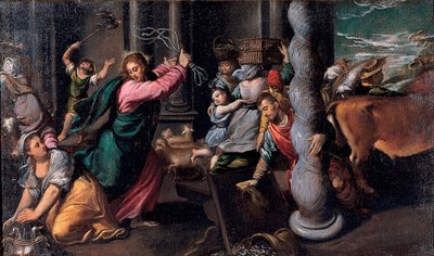 Le Christ chassant les marchands du temple - Krisztus kiűzi a pénzkölcsönzőket a templomból - Ippolito Scarsellino (Scarsella) festménye (1551-1620), Olaj, vászon 1580-1585 (68x116 cm) - Musei Capitolini, Róma alkotó: Ippolito Scarcella
