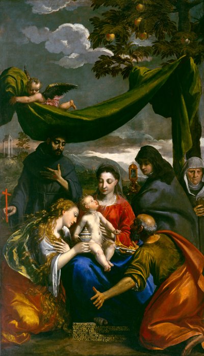 Szűz és gyermek a szentekkel Mária Magdolnával, Péterrel, Klárával, Ferenccel és egy apátnővel, 1600 körül alkotó: Ippolito Scarsella
