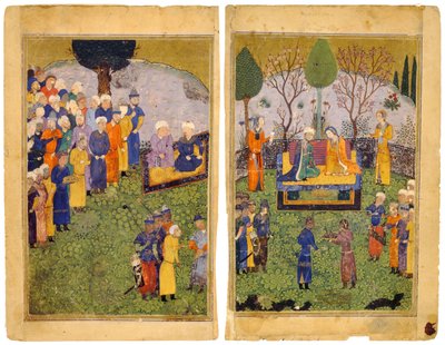 Egy hercegi pár udvaroncokkal a kertben. A Shahnama Királyok Könyvéből alkotó: Iranian Master